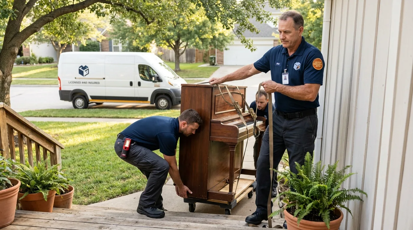 Licensed piano movers securing grand piano in Longbranch, WA