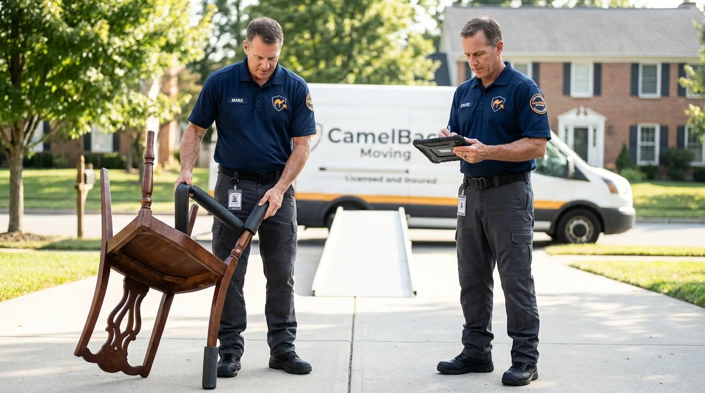 Movers inspecting furniture for damage prevention before loading in Longbranch, WA