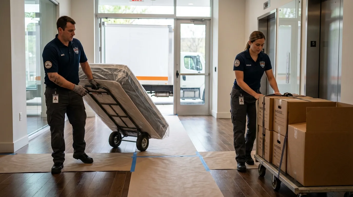 Professional apartment movers loading elevator in Longbranch, WA