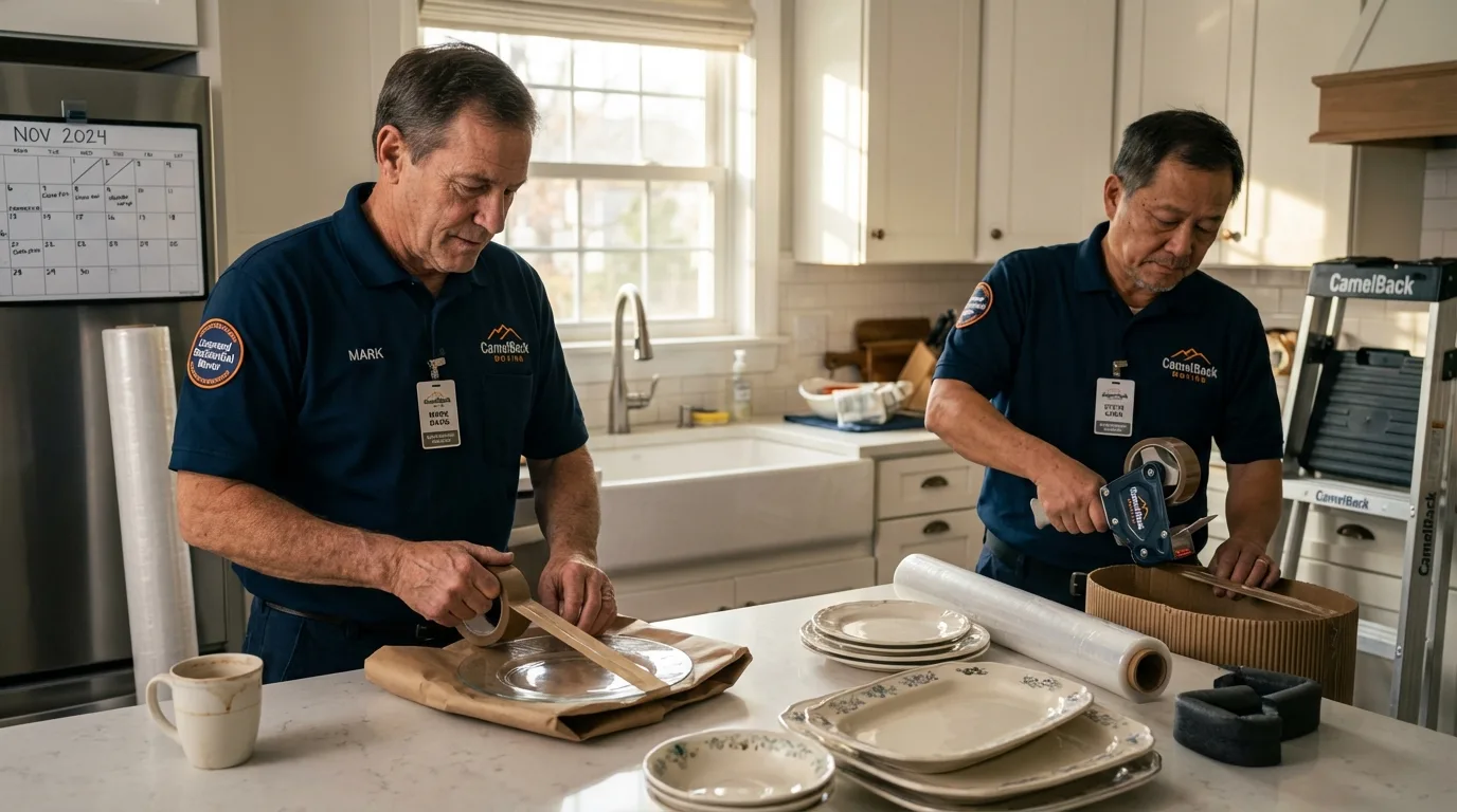 Professional crew packing kitchen dishware in Longbranch, WA